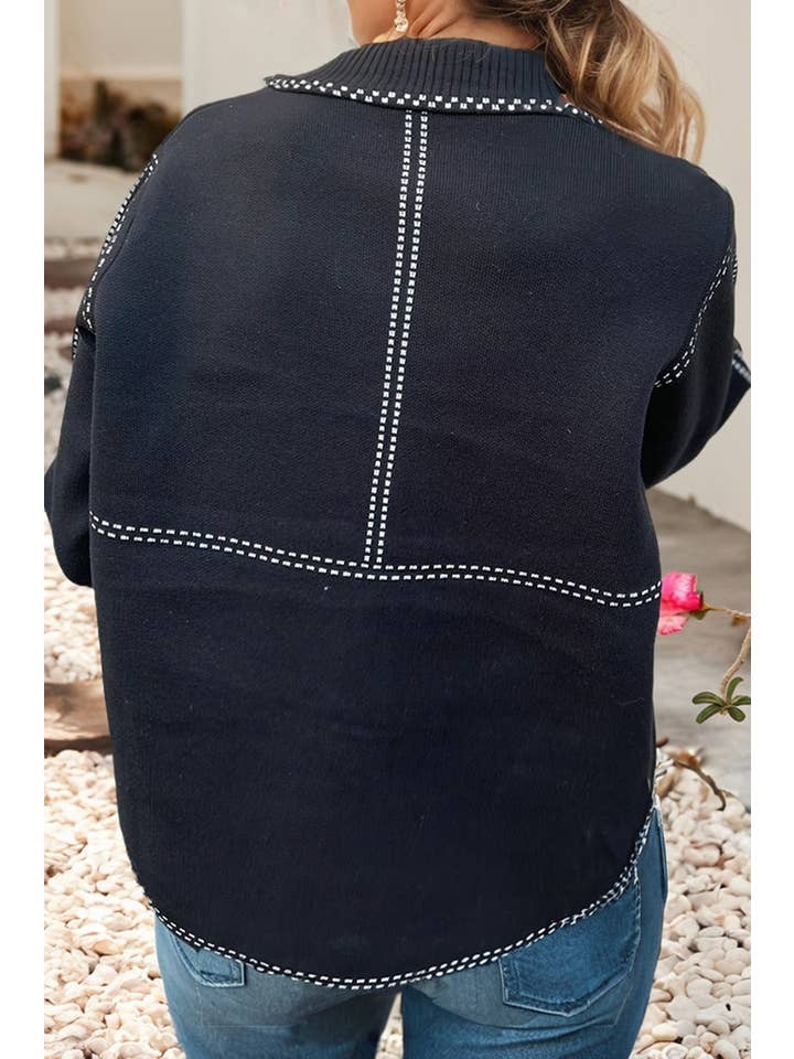 Black LDC Contrast Trim Button Down Bomber Sweater Cardigan for wholesale on Faire1