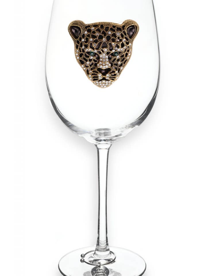 Gold and Black Leopard Jeweled Stemmed Wine Glass for wholesale by The Queens' Jewels®