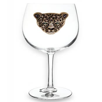 Gold and Black Leopard Jeweled Stemmed Wine Glass