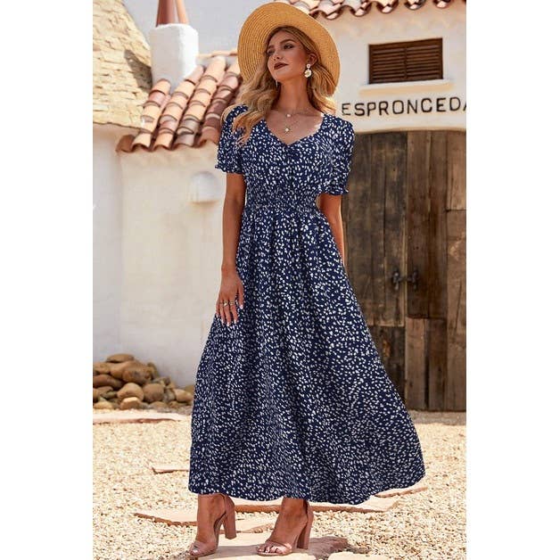 Supreme Fashion - Wholesale Dress - Women's - Allover Print Puff Sleeve Ruched Shirred Dress