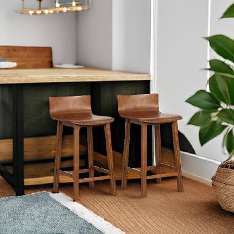 24.5 Inch Counter Height Farmhouse Wooden Bar Stool Set Of 2 With Brown Footrest And Low Back for wholesale on Faire5