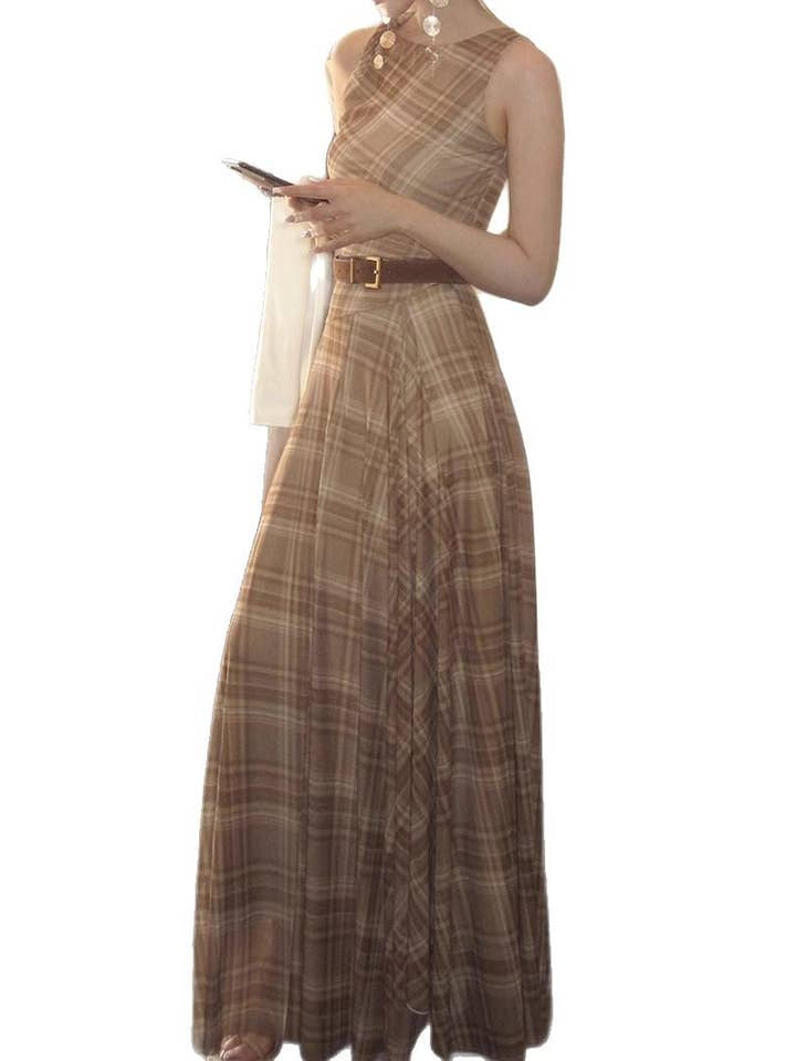 Khaki Brown Plaid Modern Love Retro French Chic Sleeveless Maxi Dress for wholesale on Faire4