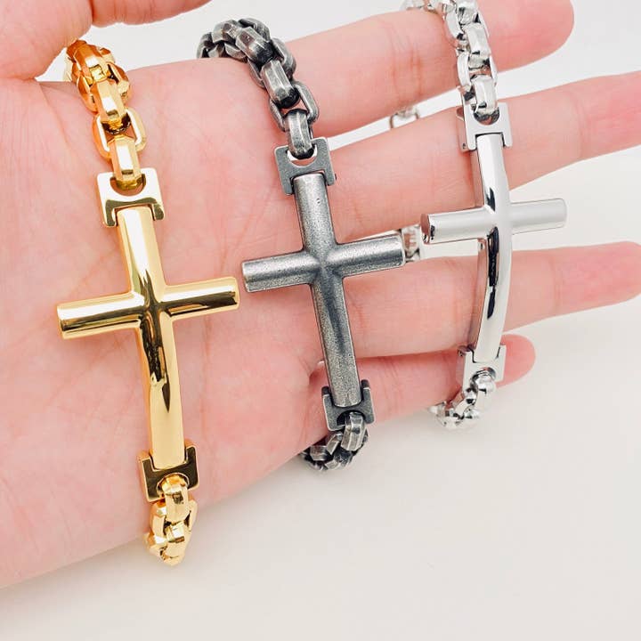 Mio Queena - Wholesale Charm/Dangle Bracelet - Men's Stainless Steel Cross Charm Chain Bracelet - MJ