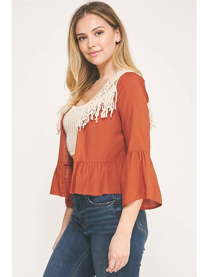 Sunday Morning - Wholesale Cardigan - Women's - J5036L16/CROCHET FRINGE THREE QUARTER SLEEVECARDIGAN19