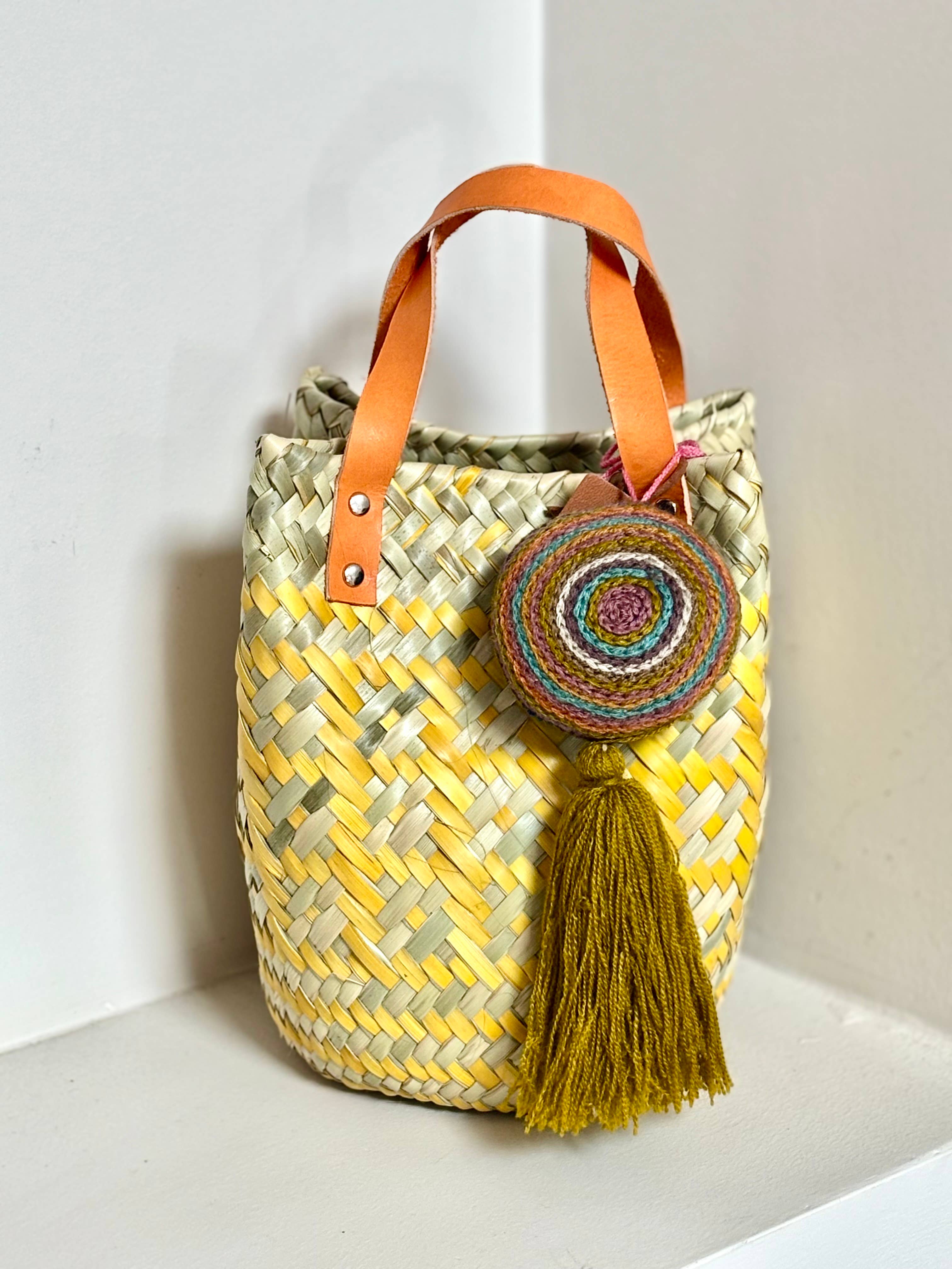 Woven Mexico - Wholesale Crossbody Bag - Women's - Mini Palm Purse - Yellow/Natural with Tassel0