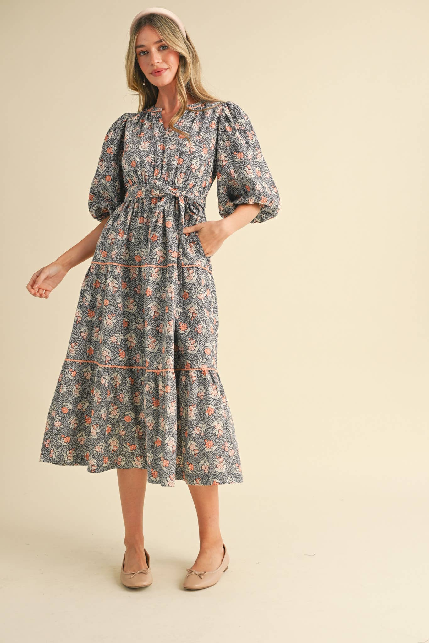 &MERCI - Wholesale Dress - Women's - BUBBLE SLEEVE LACE TRIM MIDI DRESS MDR343026