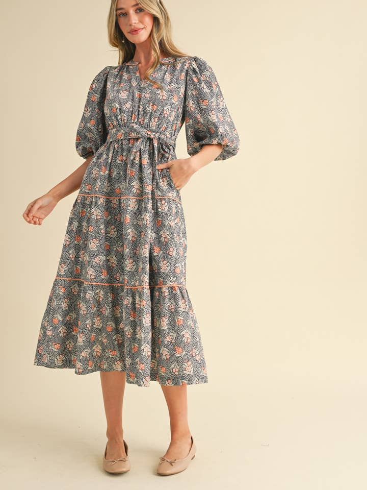 &MERCI - Wholesale Dress - Women's - BUBBLE SLEEVE LACE TRIM MIDI DRESS MDR343026