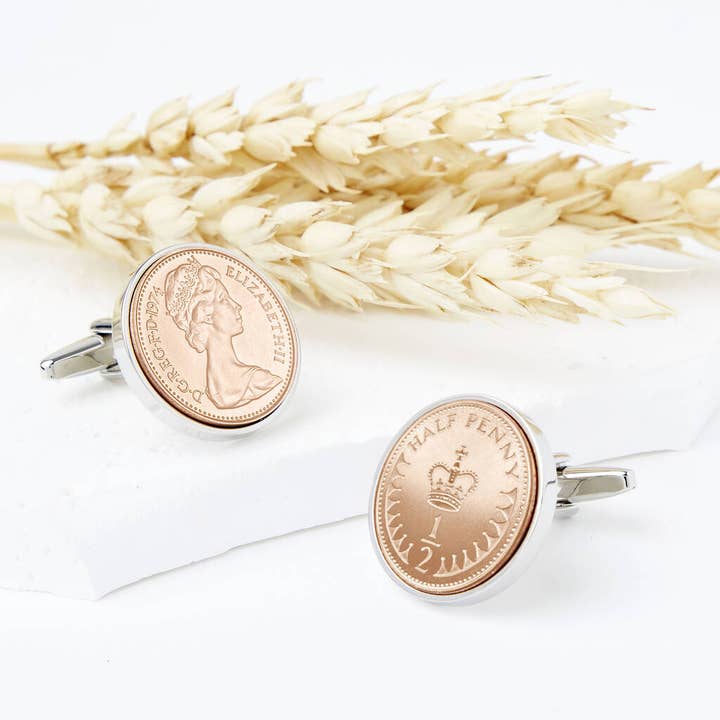 50th Birthday 1974 Halfpenny Coin Cufflinks for wholesale by Ellie Ellie LTD