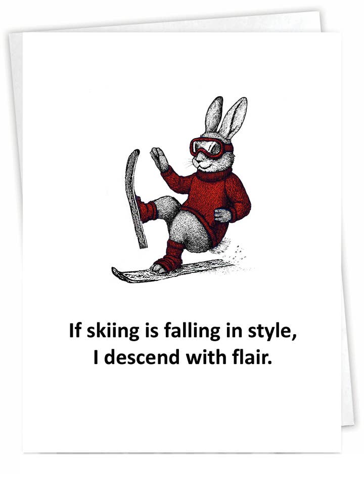 Funny Outdoor Card- Ski Bunny Fall - Blank Inside for wholesale by Blue Spark Card Co