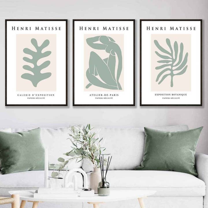 Matisse Floral and Nude 3er-Set Kunstdrucke in Grün & Beige für den Großhandel von Artze Wall Art