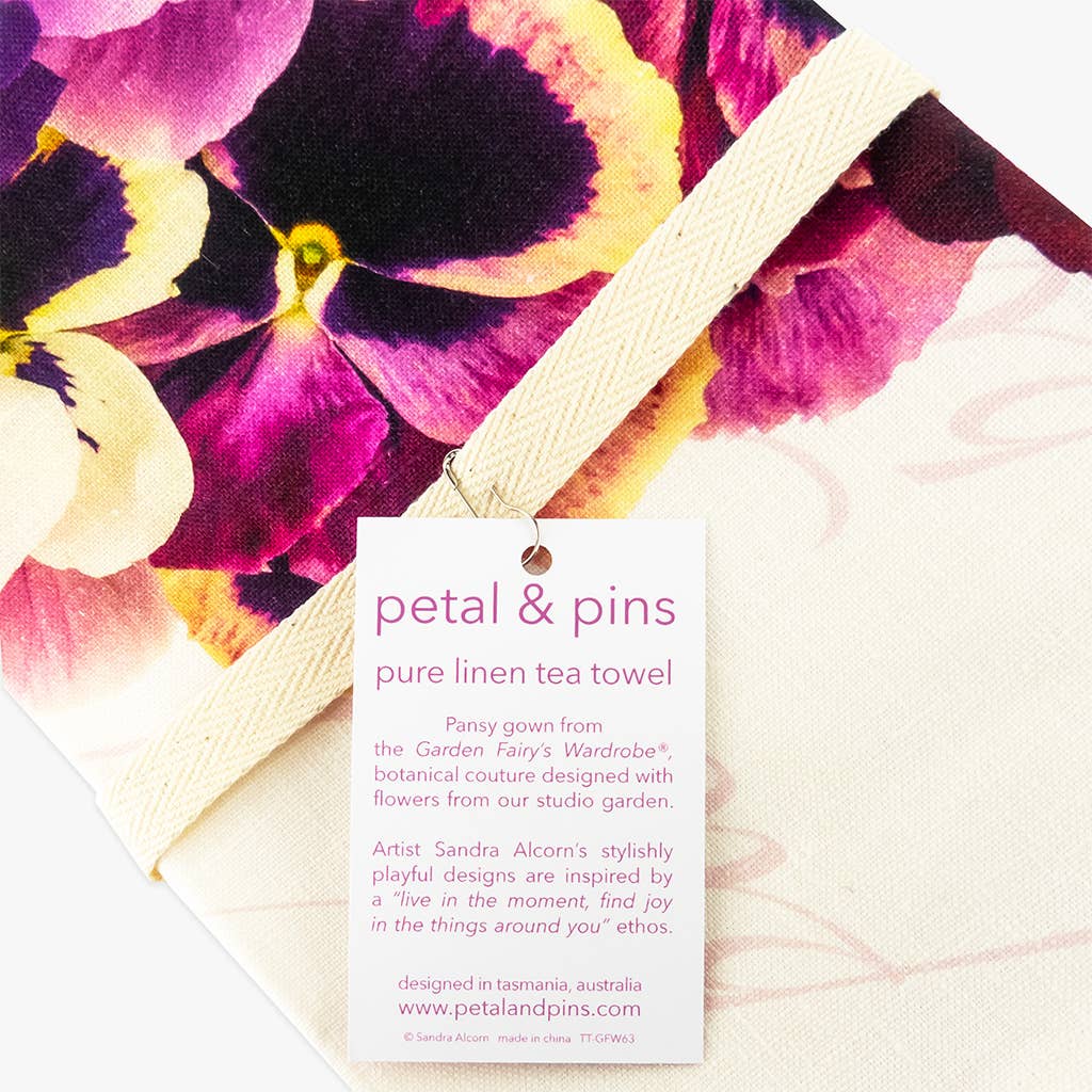 petal & pins - Wholesale Tea towel - Floral Pure Linen Tea Towel - Pink & Purple Pansy Design3