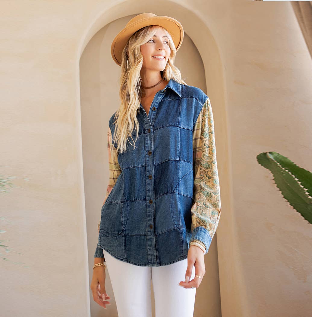 Young Threads - Wholesale Button Down Shirt - Women's - Western Boho Chic: Patchwork Denim Buttondown Shirt 6