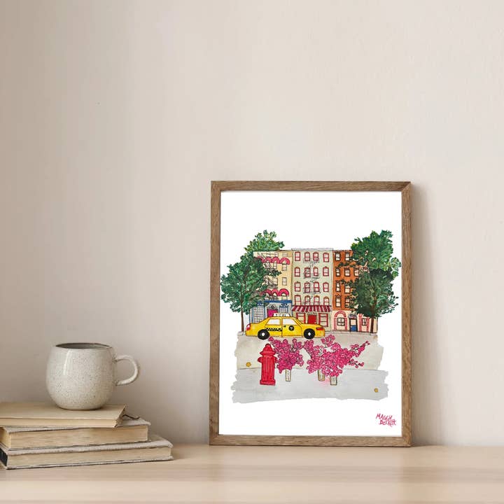 NYC Taxi + Cherry Blossoms Art Print for wholesale by Maggie Beckett Studio