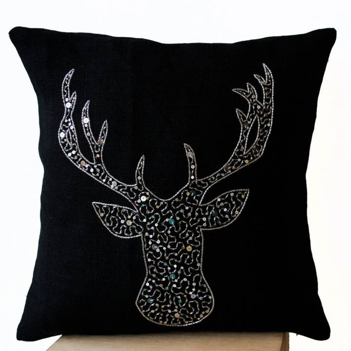 Deer Pillow covers -Animal pillow stag embroidered in silver sequin -Burlap pillows -Moose pillow - Silver pillows- Christmas pillows 16x16 for wholesale by Amore Beauté