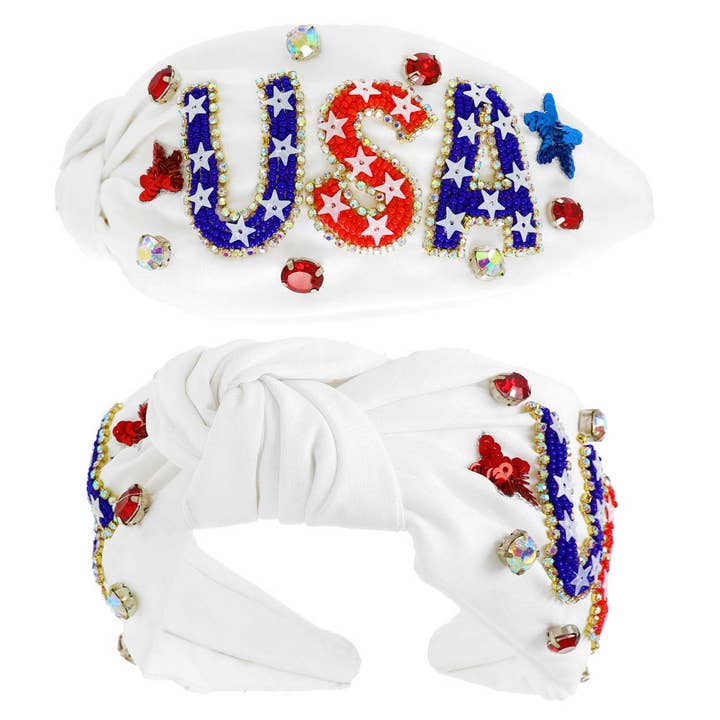SP Sophia Collection - Wholesale Fashion Headband - Women's - USA Patriotic Lettering Jeweled Beaded Headband3