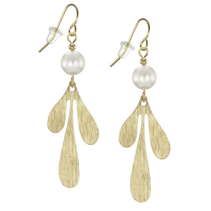 Graceful Brushed Gold Curved Petal Drops with White Austrian Crystal Pearl Earrings, 18K Gold Earwires for wholesale by Jewelry by Dawn