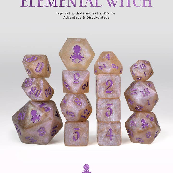 Strega Elementale: Set di Dadi con Inchiostro Viola Scintillante 14 pezzi per la vendita all'ingrosso da parte di Kraken Dice