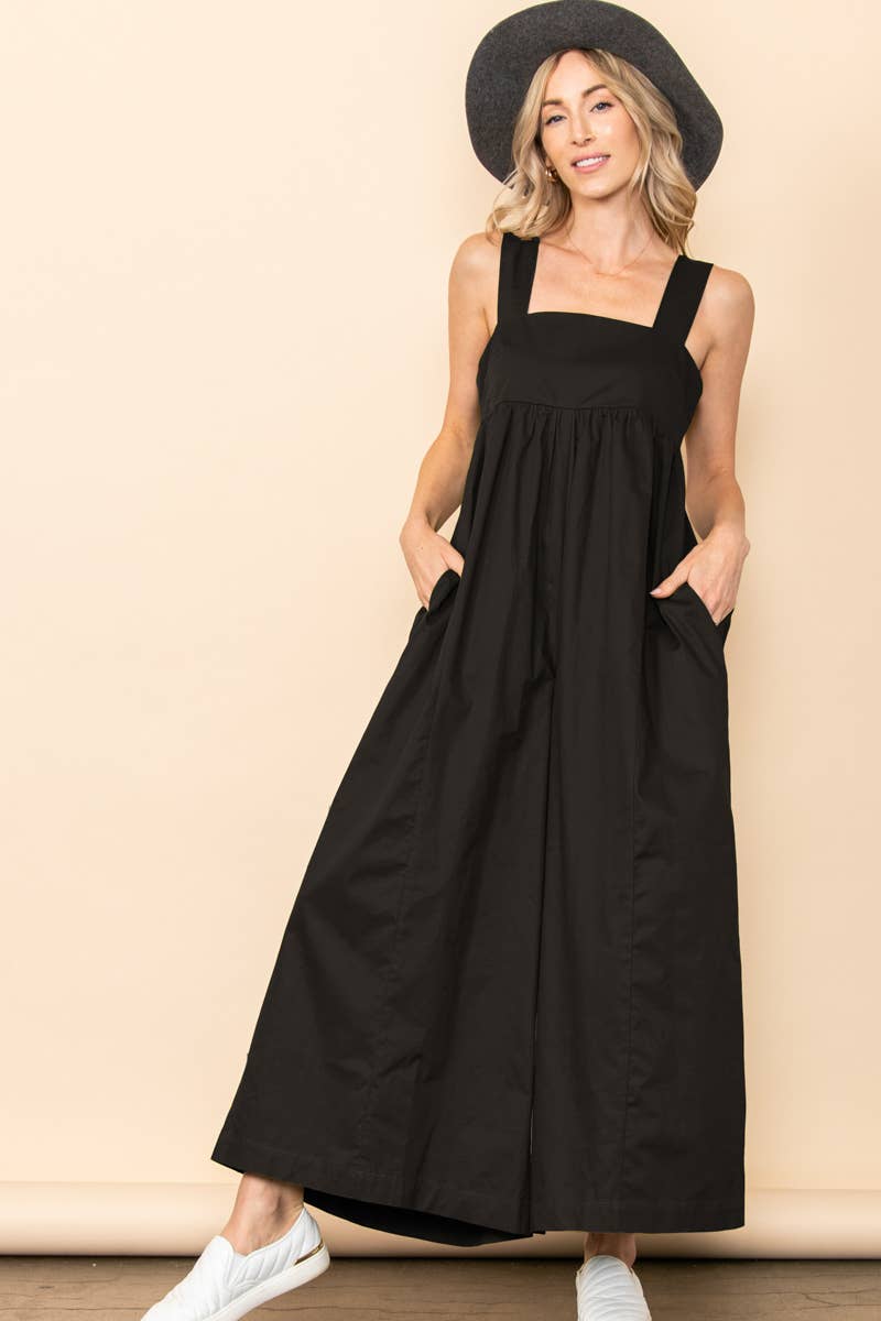 Black Back Tie One Piece Poplin Wide Leg Jumpsuit with Pockets for wholesale on Faire2