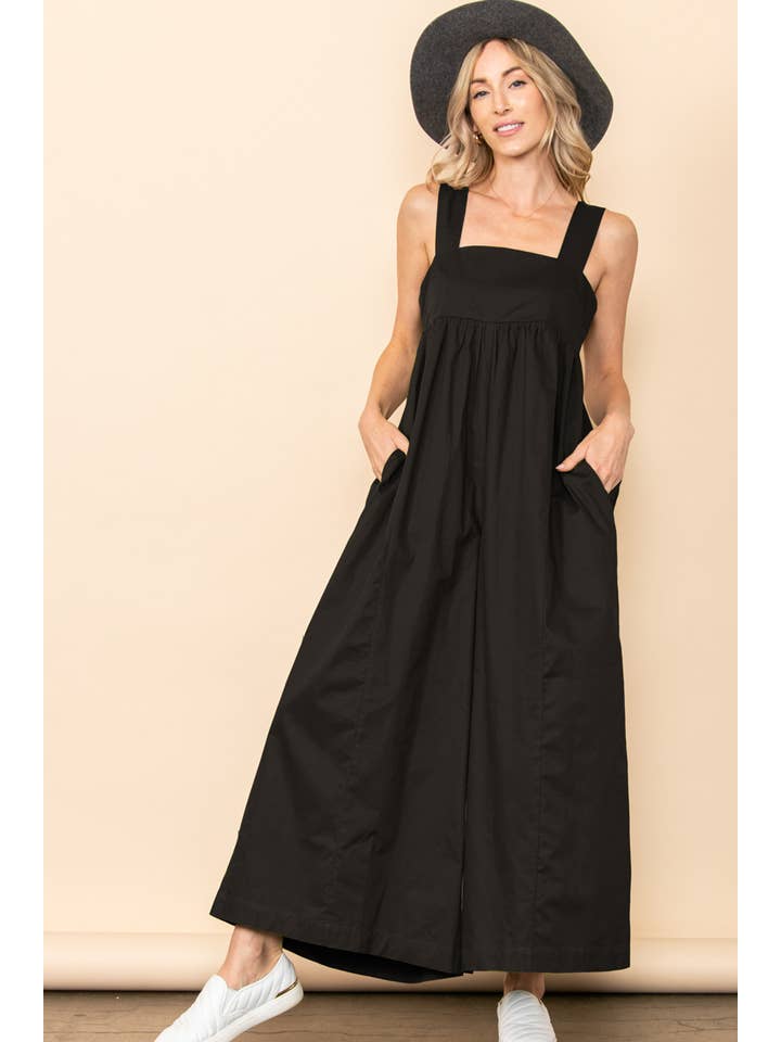 Black Back Tie One Piece Poplin Wide Leg Jumpsuit with Pockets for wholesale on Faire2