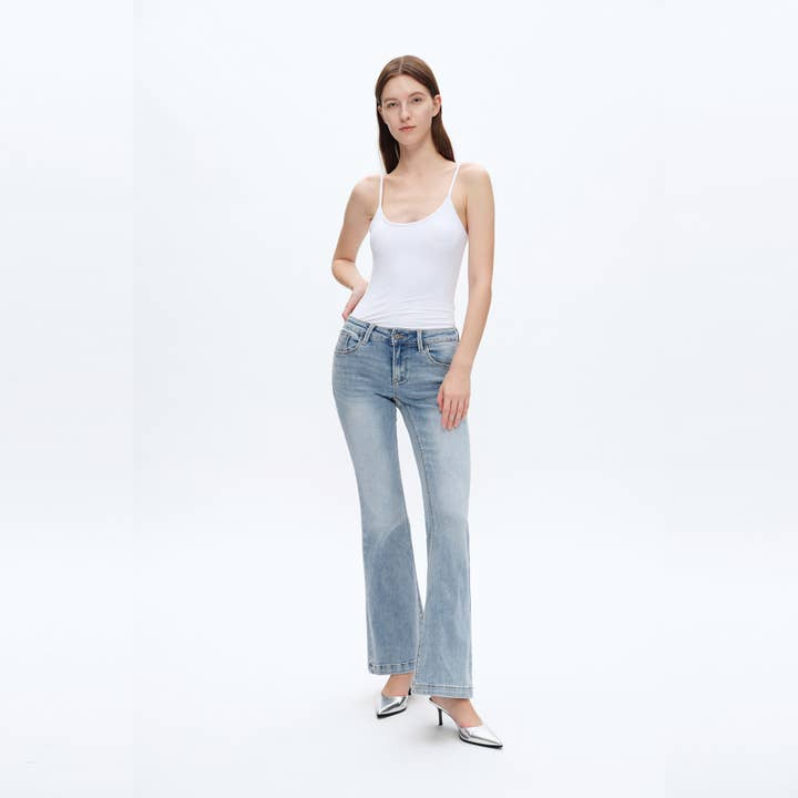 BEACHY LOW RISE FLARE JEANS WITH FINISHED HEM BYF1023 for wholesale on Faire