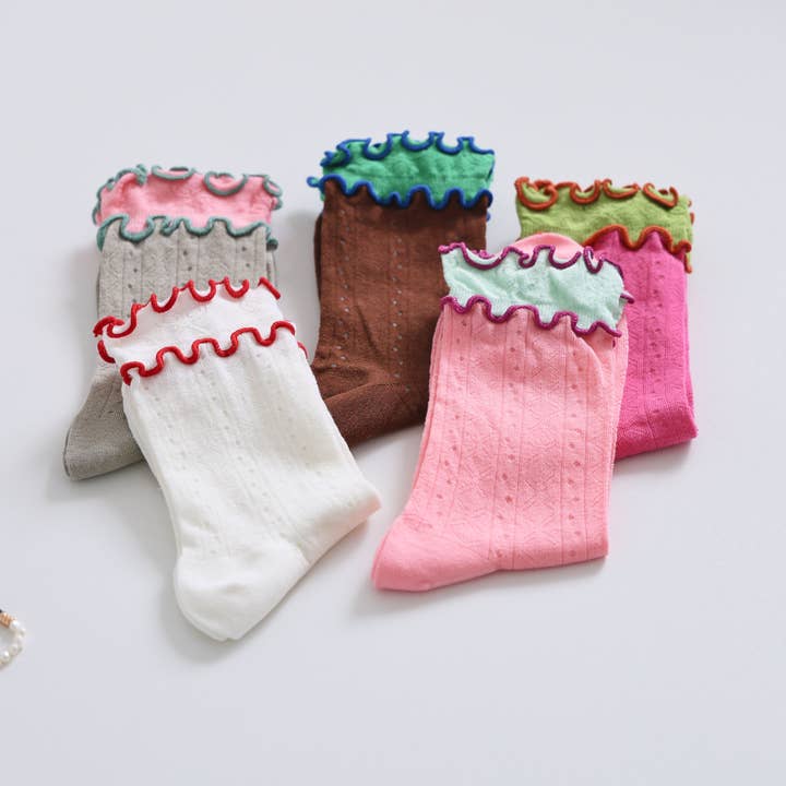 Happy Knits - Wholesale Socks - Women's - Women's Ruffle Trim Cotton Socks - Lightweight & Colorblock