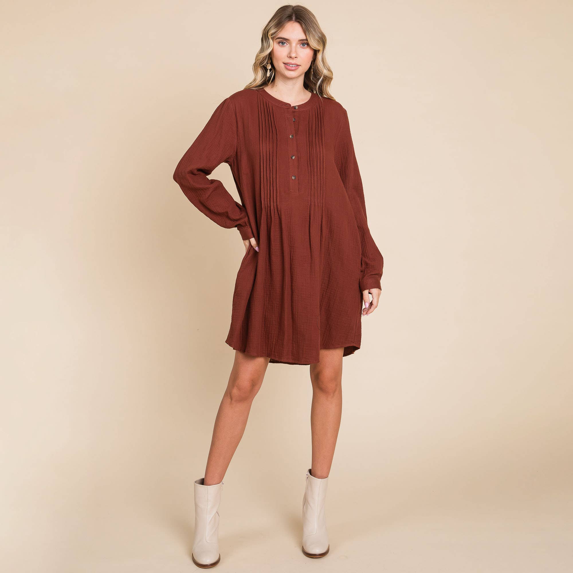 ROLYPOLY - Vente Robe – femme - Robe tunique en coton double gaze manches longues style henley9