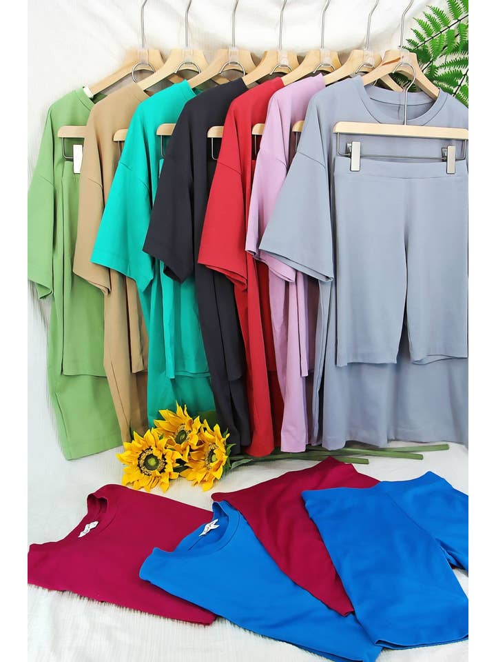 Pink Irene Wholesale - Wholesale Shirt - Women's - PLUS SIZE SOLID OVERSIZED TEE AND BIKER SHORTS SET18