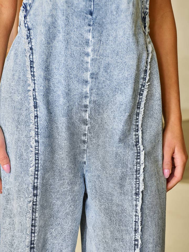 Beau Blue Savanna Frayed Exposed Seam Wide Leg Denim Overall for wholesale on Faire