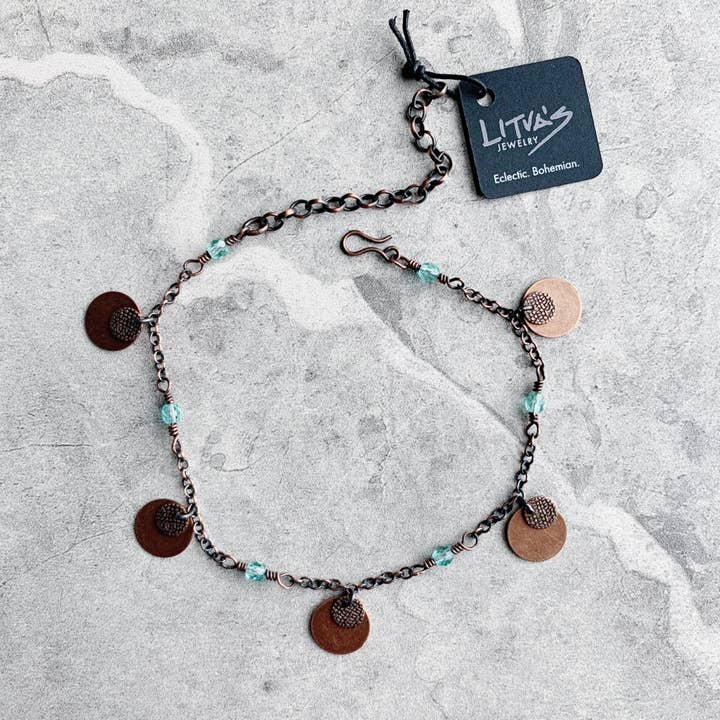 LITVA'S Jewelry - Wholesale Anklet - Lavish - Smoke Topaz Beaded Anklet Copper Coin Drops