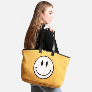 Straw Braided Round Happy Face Tote Bag