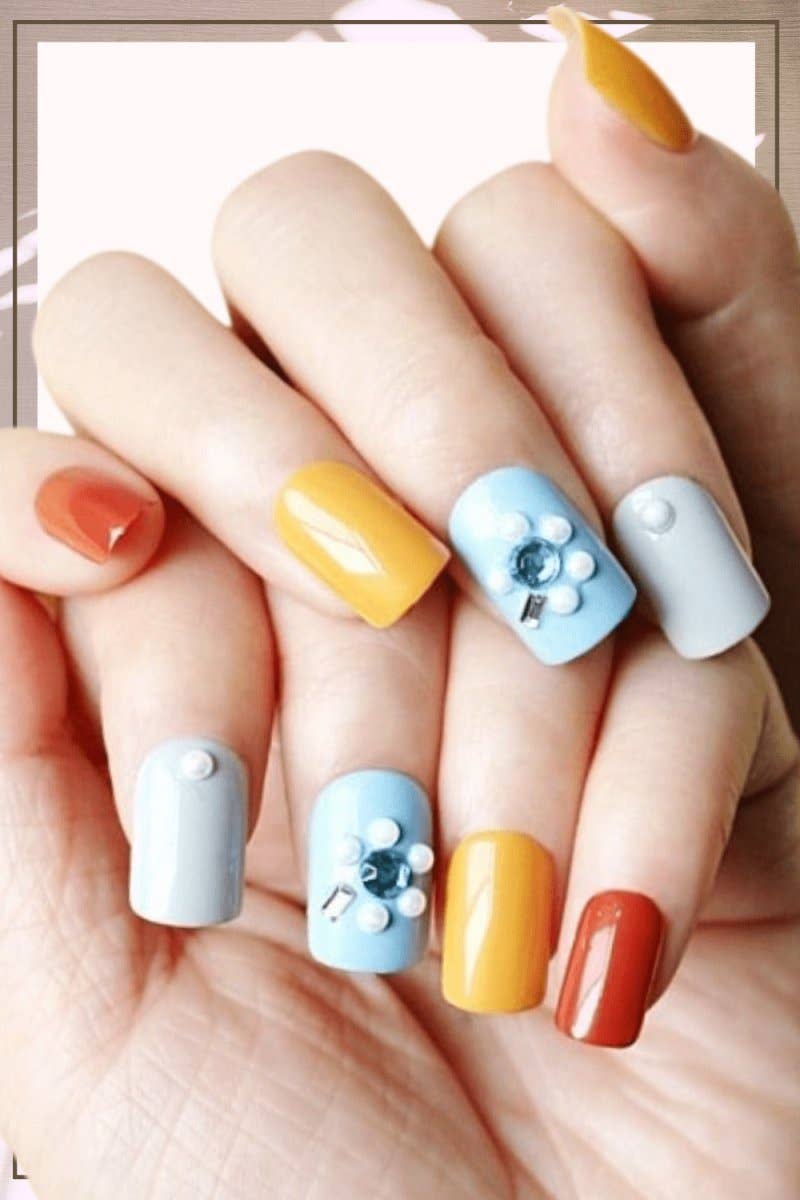 Press On Nails Yellow Glossy Light Blue Square Crystal Nail Kit for wholesale on Faire0