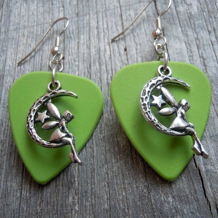 Simply Raevyn - Wholesale Dangle Earrings - Fairy on the Half Moon Charm Guitar Pick Earrings24