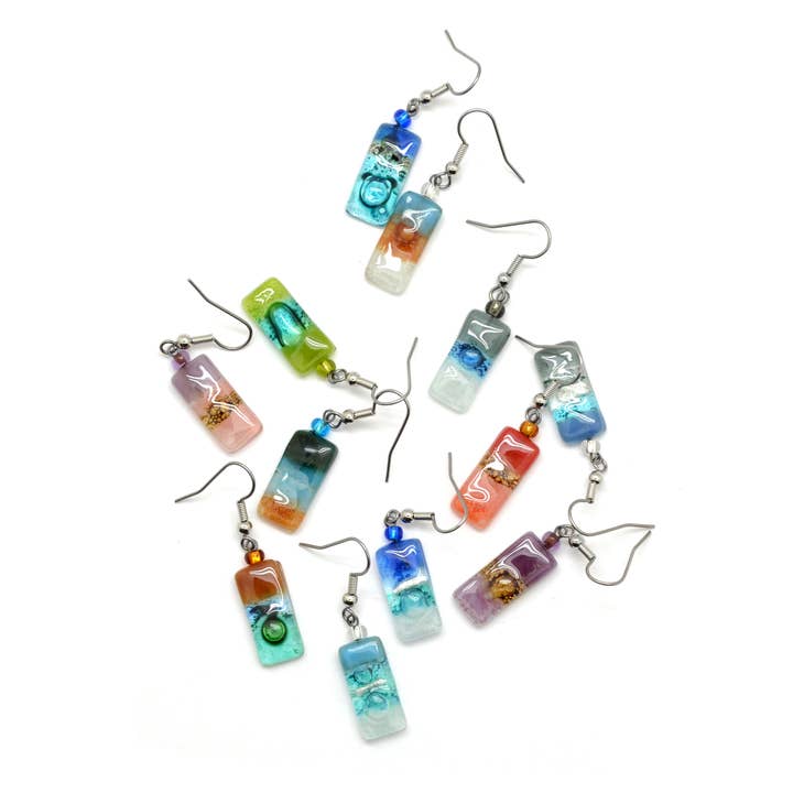 Tiny Rectangle Glass Earrings for wholesale by Dunitz & Company