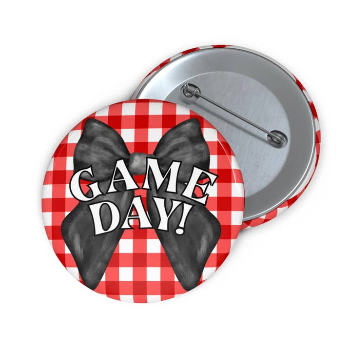Game Day Bow Pin Button Red/Black for wholesale by KHins Designs