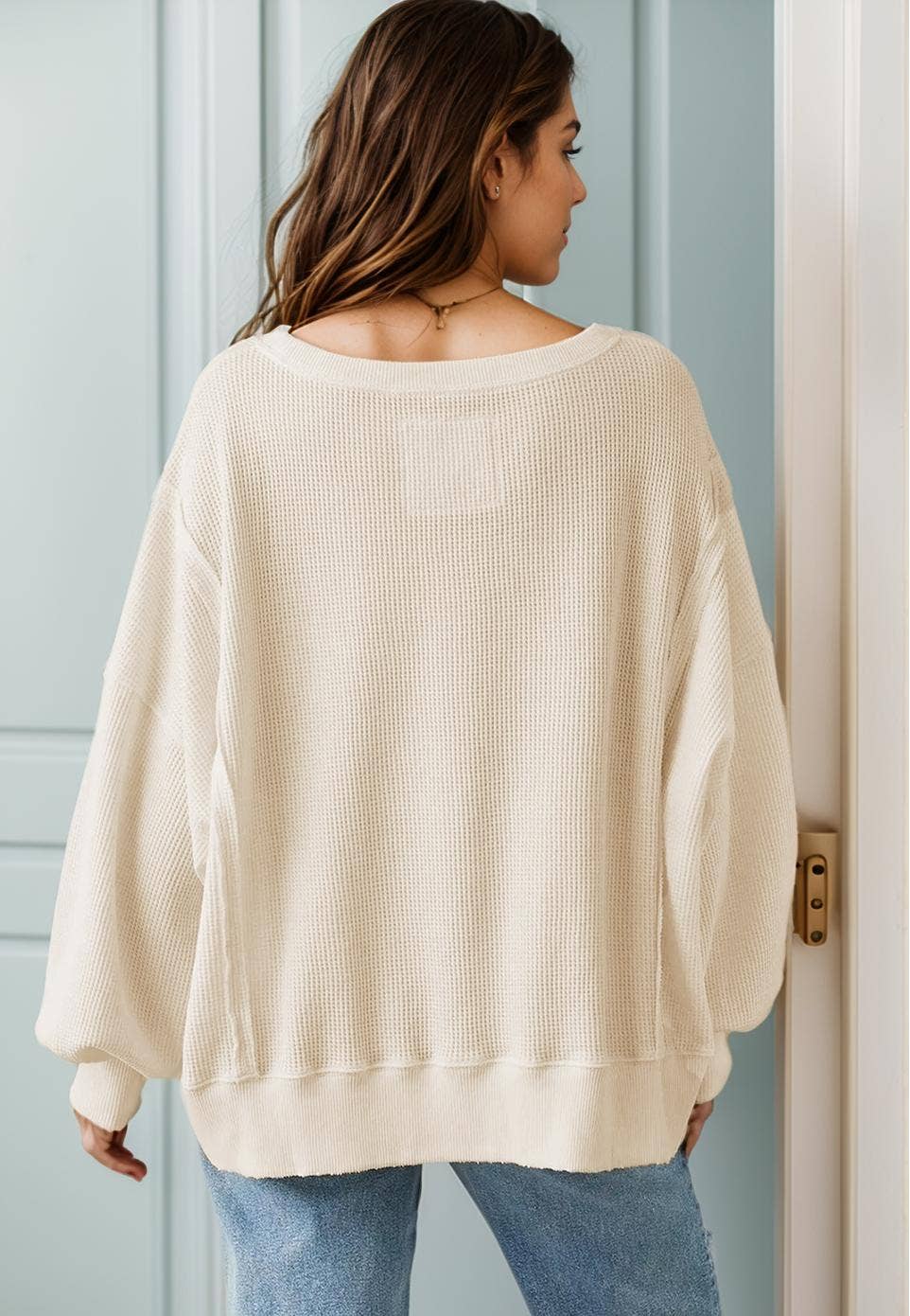White Waffle Knit Bishop Sleeve Split Oversized Sweatshirt for wholesale on Faire9