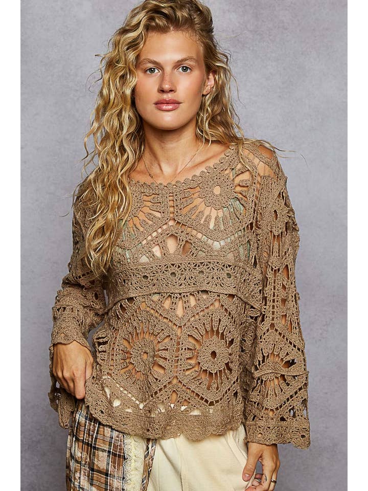 Pol Clothing - Wholesale Knit Top - Women's - Round Neck 3/4 Sleeve Crochet Cropped Top13