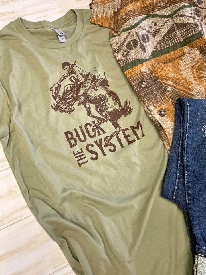 Rockin A Design - Wholesale Screen printed t-shirt – Women′s - Buck The System olive tee0