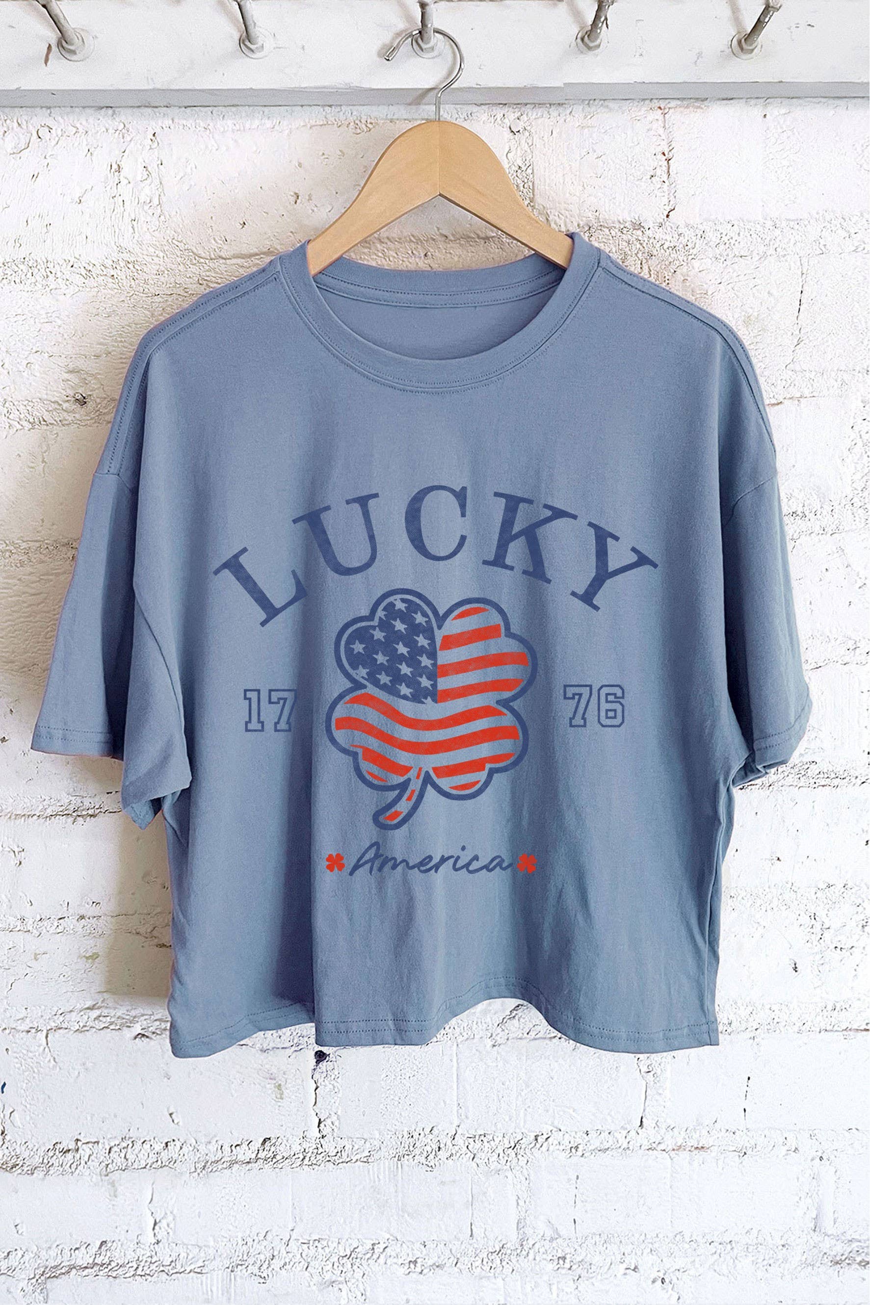 Rustee Clothing - Wholesale Screen Printed T-Shirt - Women's - LUCKY AMERICA CLOVER FLAG GRAPHIC LONG CROP TOP1