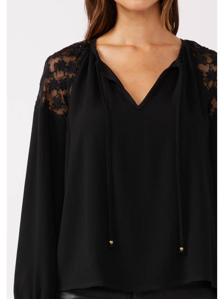 Lovestitch - Wholesale Blouse - Women's - Embroidered Mesh Long Sleeve Tie Neck Blouse