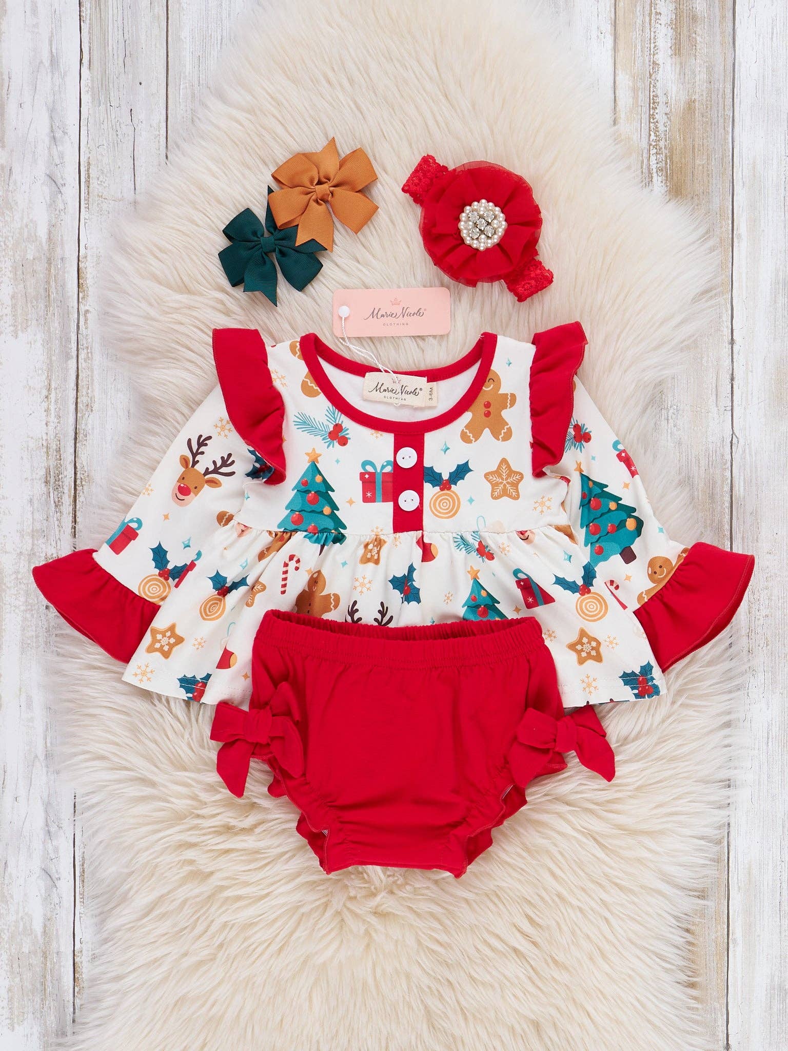 Marie Nicole Clothing - Wholesale Clothing Set - Baby - Holiday Delights Bow Bloomers Outfit2