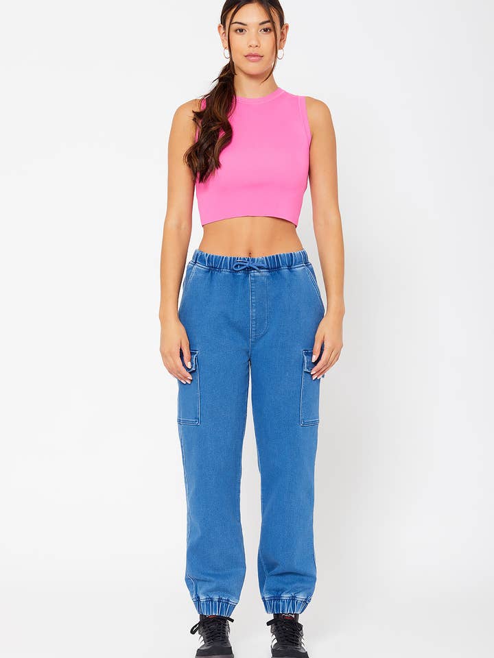 Pantalon de jogging cargo taille haute en tricot de coton pour la vente par MONKEY RIDE JEANS