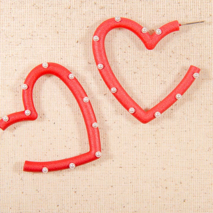 E2304 2" Color Coated Metal Heart Hoop Earring w/ Tiny Pearls for wholesale by CEmeraki