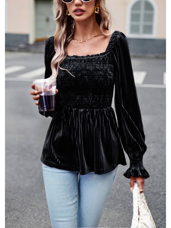 ePretty - Wholesale Blouse - Women's - Velvet Smocked Ribbed Square Neck Peplum Blouse SZ25-TP32032