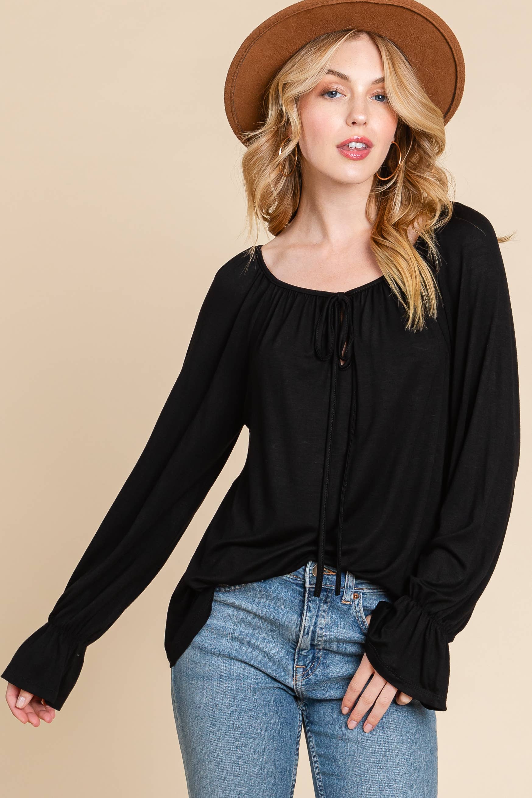 Schwarz ETK-9305 Solides Modeoberteil mit langen Ärmeln für den Großhandel auf Faire1