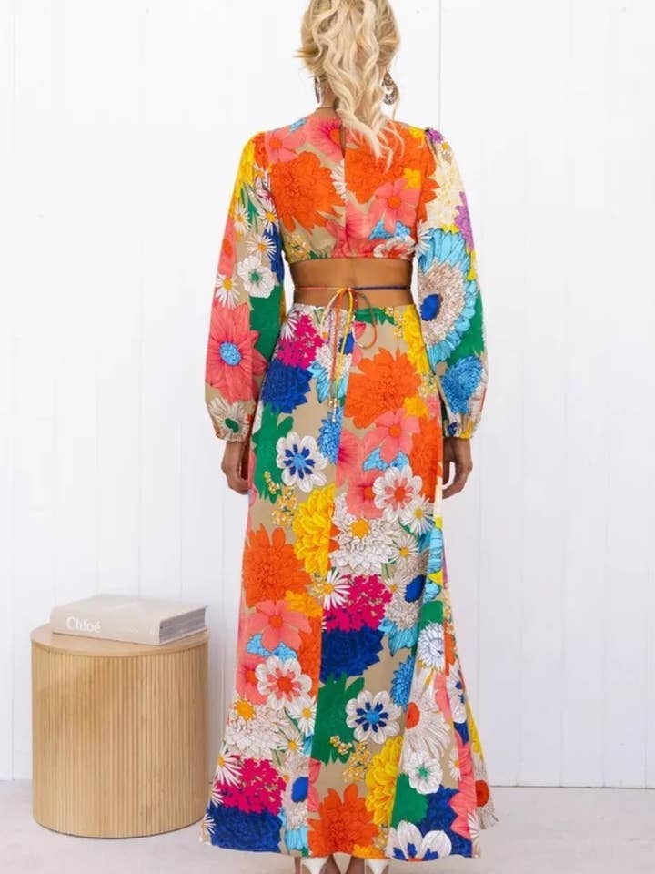 MULTICOLOR CWDMD4035_FASHION FLOWER LANTERN SLEEVE DRESS LONG for wholesale on Faire