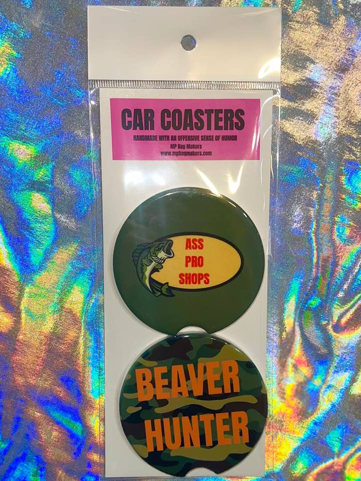 Beaver Hunter Funny Parody Car Coasters for wholesale by MP Bag Makers