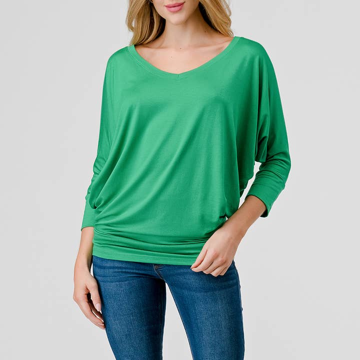 Heimious - Wholesale Knit Top - Women's - 3/4 Dolman Sleeve V-neck Modal Jersey Top, 257336