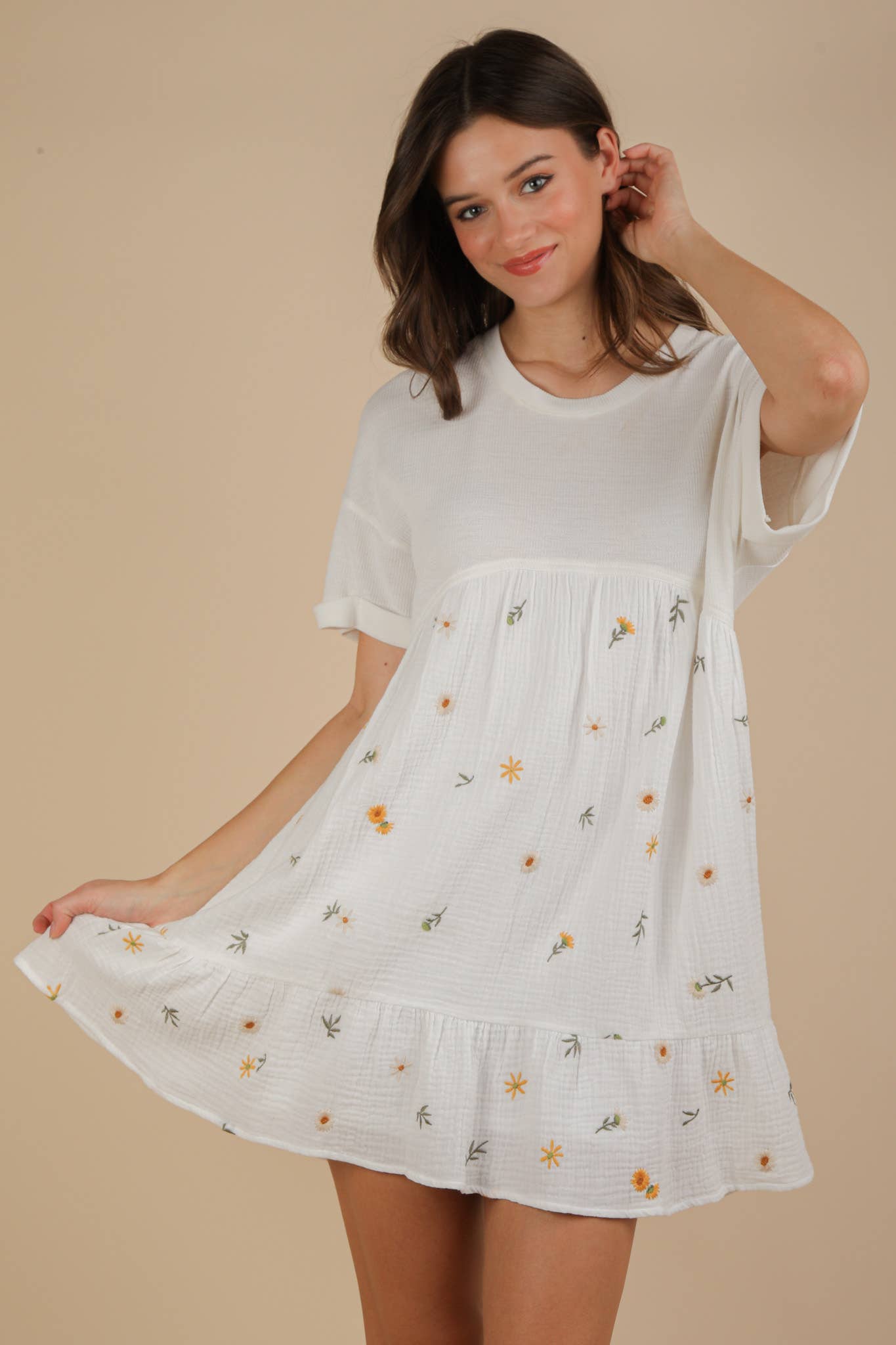 VERY J - Wholesale Dress - Women's - ND31718-Oversized Floral Embroidered Knit Mini Dress0