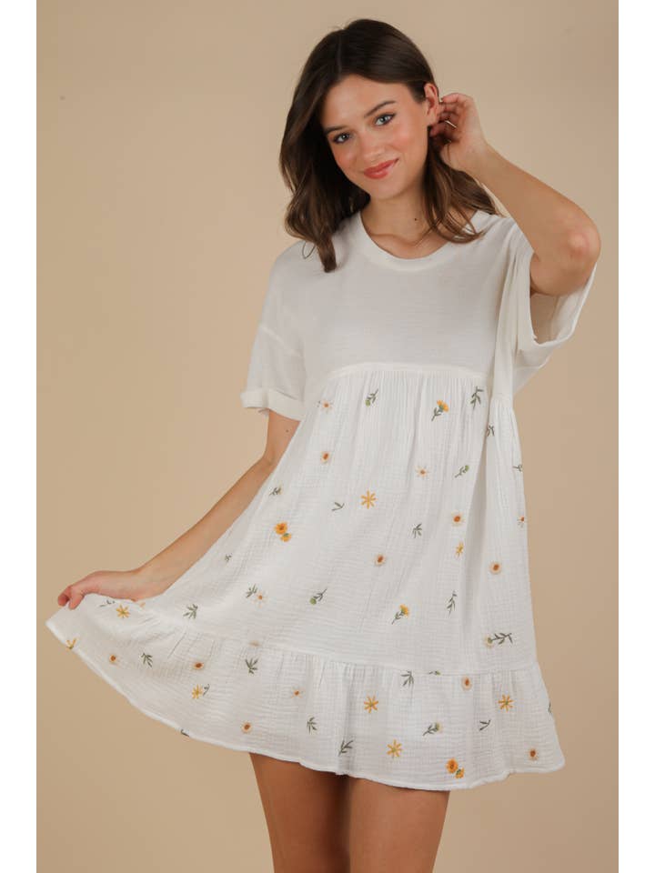 VERY J - Wholesale Dress - Women's - ND31718-Oversized Floral Embroidered Knit Mini Dress