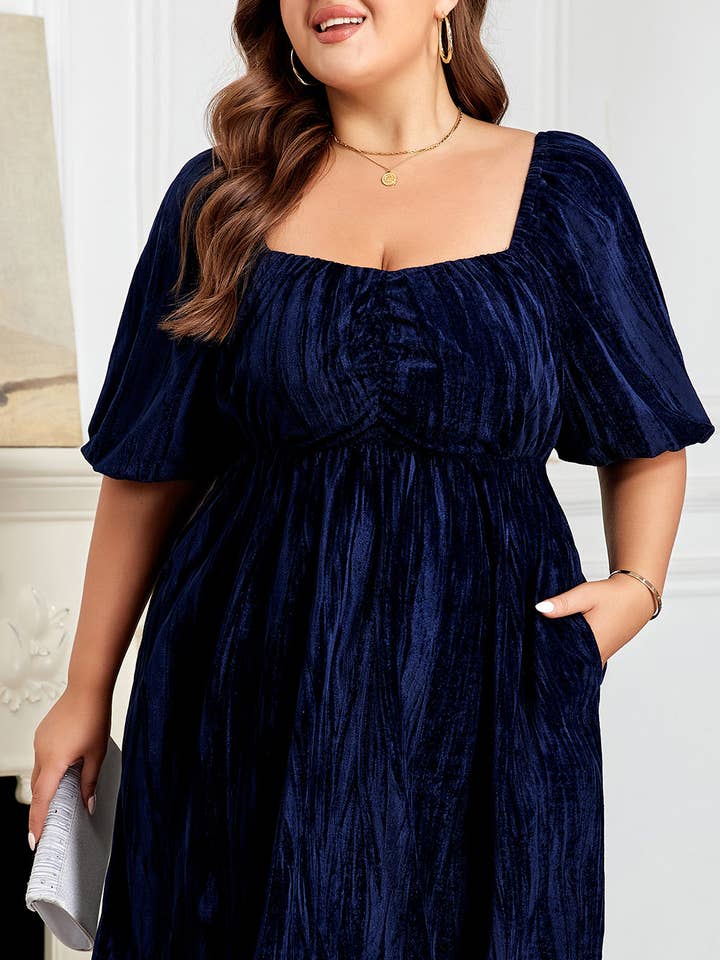 Azul marinho Vestido Mini de Veludo com Franzidos e Mangas Bufantes Tamanho Grande para venda a revendedores na Faire0